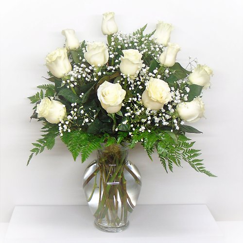 1 Dozen White Roses Arranged-Long Stemmed